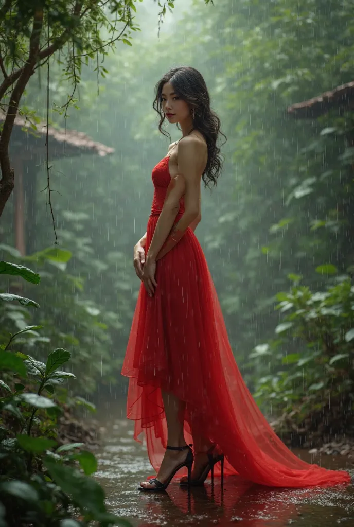 raining season with beautiful Girl in red dress high heels 