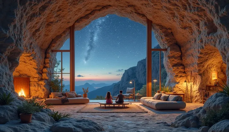 A cave house with a large living room, high ceilings and a dark night sky