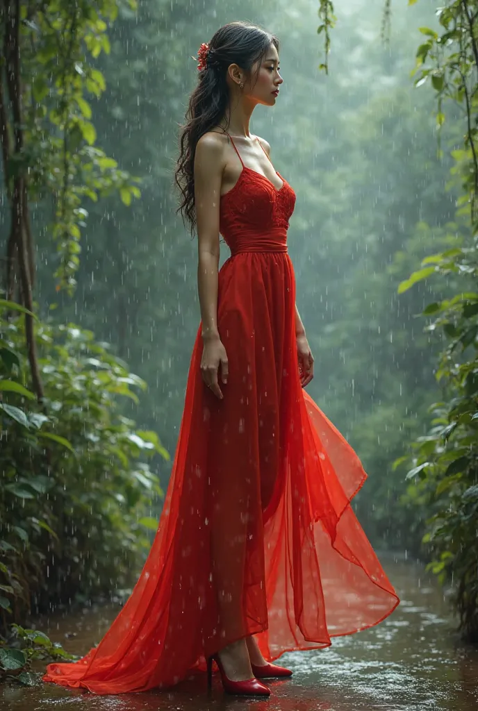 raining season with beautiful Girl in red dress high heels 