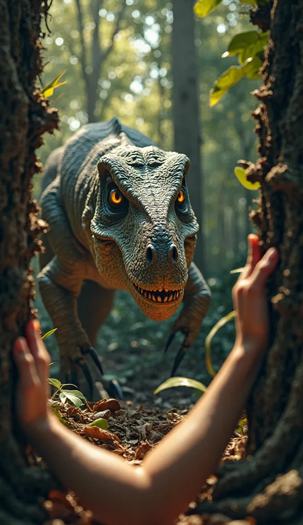 First-person view of someone hiding behind a massive tree, staring directly at a Velociraptor emerging from the thick vegetation. The character’s hands are pressed against the rough tree bark, showing tension. The Velociraptor has glowing yellow eyes, dark...