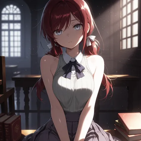 masterpiece, best quality, amazing quality,depressed, expressionless, :|, girl, sitting, light particles, thin, close up, books, dark red hair, swept bangs, low twin tails, hair ribbons, stoic, gray eyes, white sleeveless collared shirt, ribbed vest, gray ...