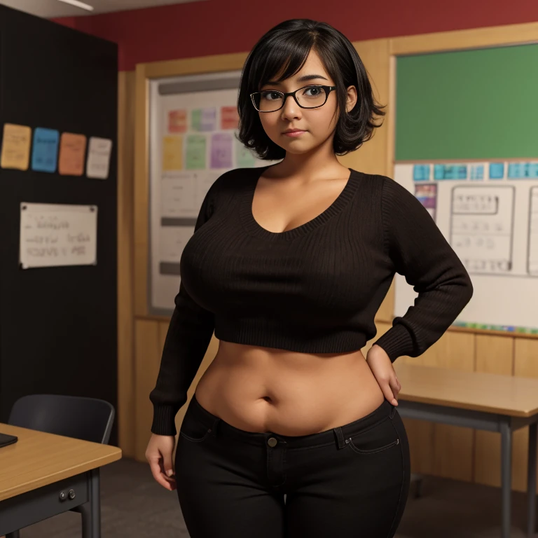 timid short petite cute slightly chubby raven nyuugao Mexican geeky emo , short slightly wavy hair, cute detailed brown eyes, cutely detailed lips, cute highly detailed eyes and face, voluptuous breasts, thin thighs, chubby wide hips, long sleeve sweater t...