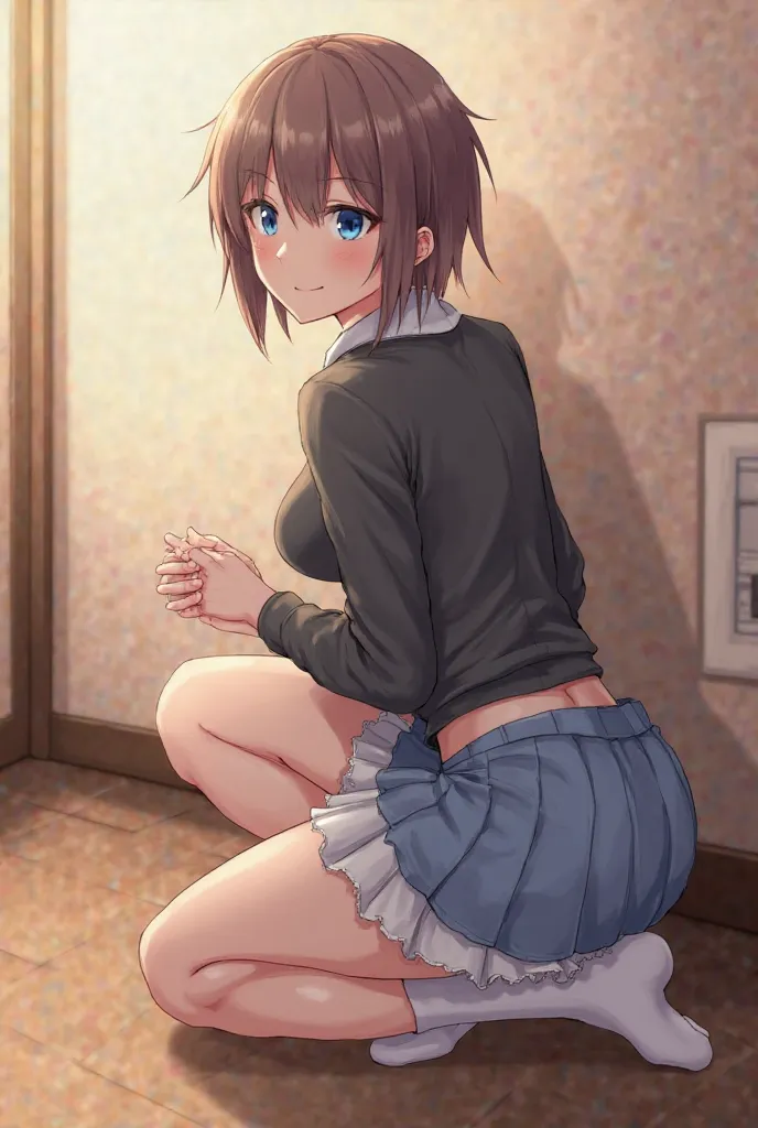 (accessories, masterpiece), sexy, erotic, 1 girl, 18 years old, Contempt,  pride , short hair, ((blue eyes)), Looking at the spectator, Looking at the spectator,  warm light, ((( white lace panties))), (( of foot)), (small breasts), ((Skirt lifting)), larg...