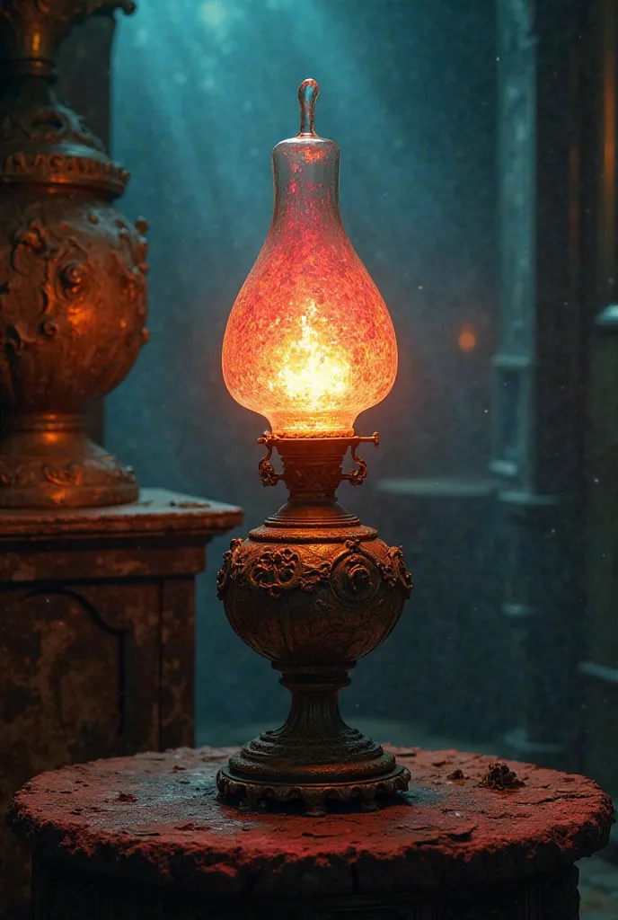 An antique lamp with low light and an acic but flourishing light shining brighter than the lamp