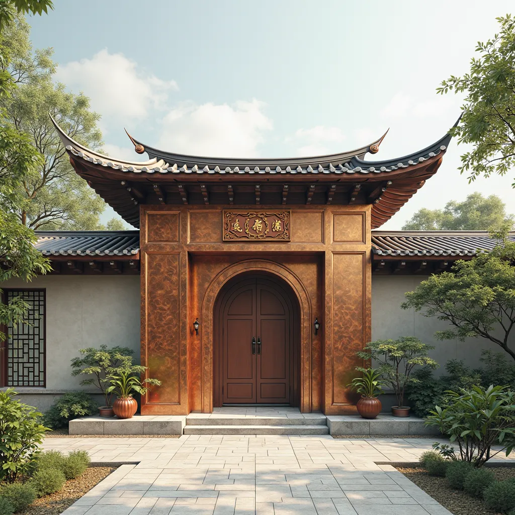 Simple Chinese style villa、Single building、front、Copper plates on the left and right sides of the door、The entrance building is two stories high、Simple copper plate on the top、Shiny copper plate