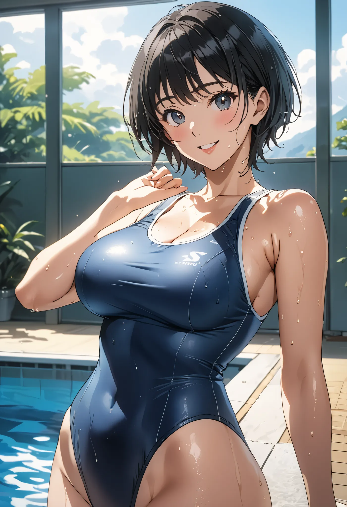 masterpiece, Best Quality, High resolution,16k,official art,super detailed skin,detailed,animated painting, (Suzuki Mirei),1990s \(style\),School Swimsuit、(E-cup beautiful breasts)、clevage, (tall:1.2),height: 170cm,Fashion model body type、Sweating all over...