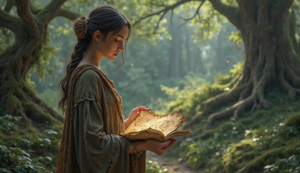 A grown up ager girl holding her enchanted MAP artifact, as she stands at the edge of the Whispering Woods.