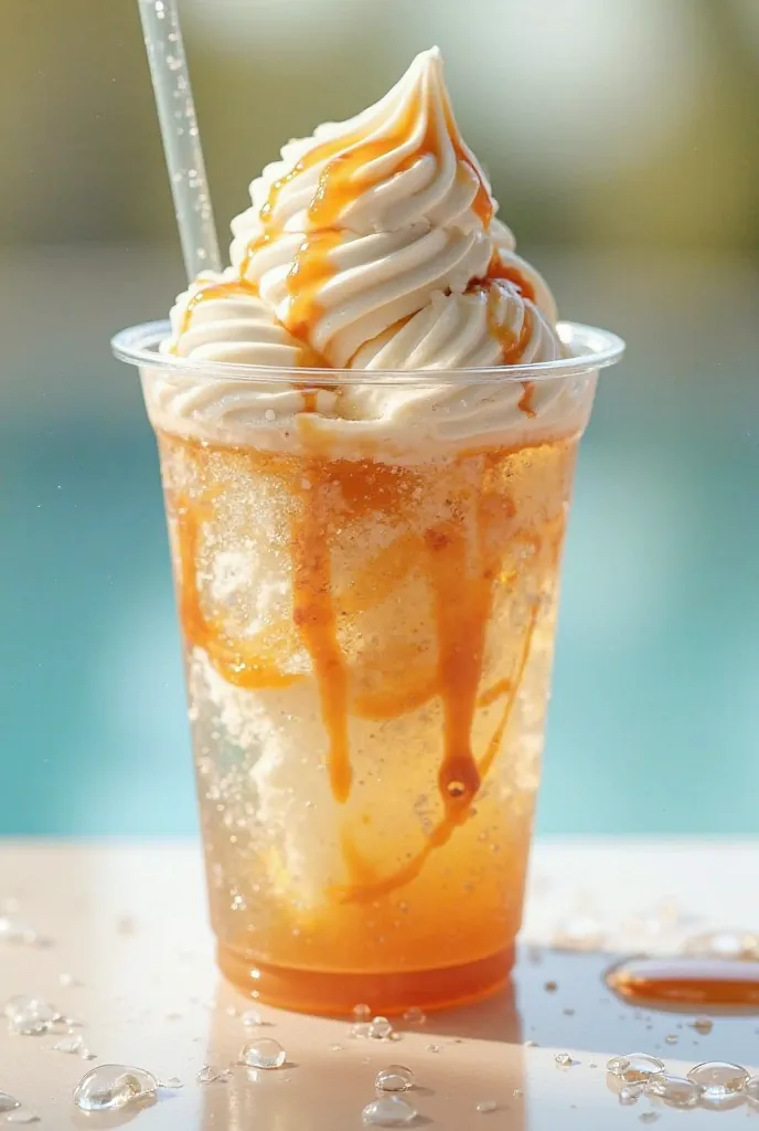 Create me realistic SPARKLING WATER FLOAT with VANILLA ICE CREAM and put CARAMEL SYRUP on top of the ice cream and put it in a clear PLASTIC CUP and water droplet on the cup