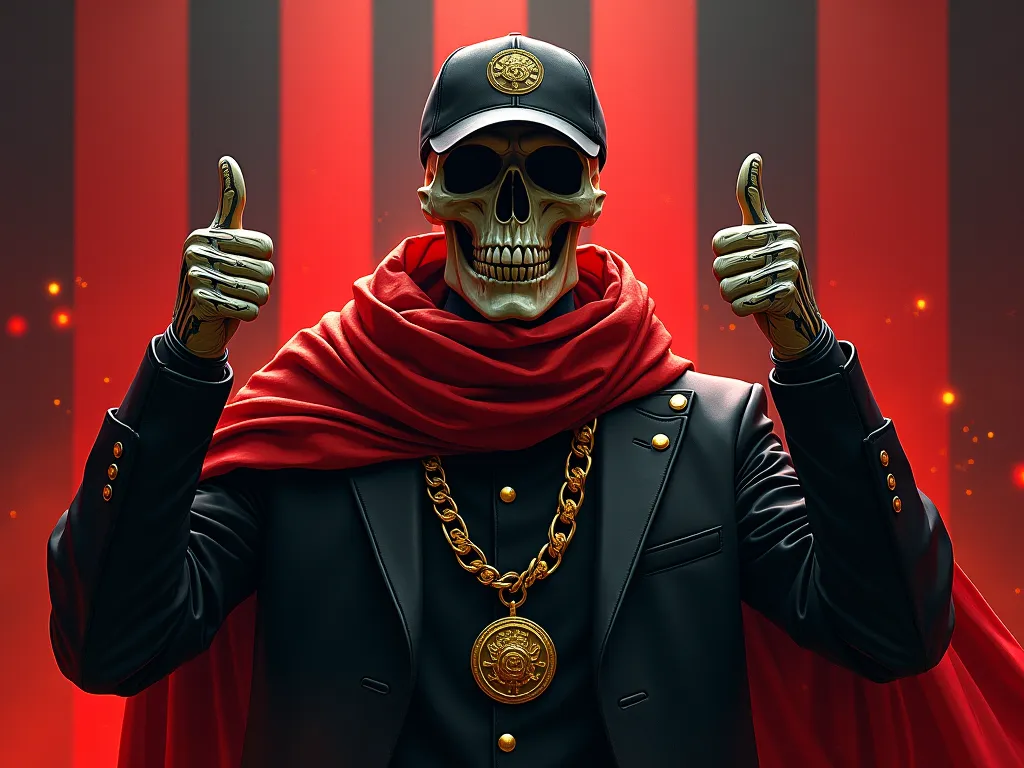 dark colored skull-headed man wearing a puma cap, black clothes with golden touches and red epic scarf raising both thumbs on a striped background