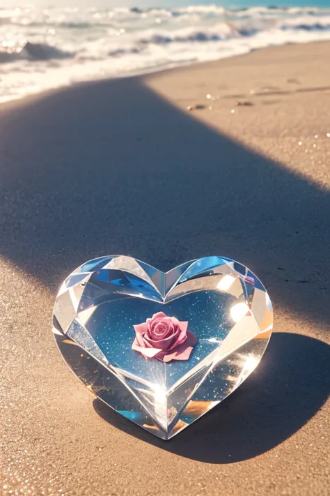 Crystal rose in the shape of a heart on the sand ,  realistic background.