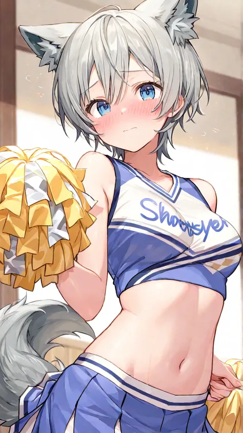 ((masterpiece)), (( Highest quality)), (( High Resolution)), 、8k、((   Detailed Description  )),  adult female in her 20s 1(  wolf ear、gray hair、 shortcut from elbow to hand、 short hair 、 straight 、 blue eyes、 wolf tail 、cute、、medium breasts)、((cheerleader、...