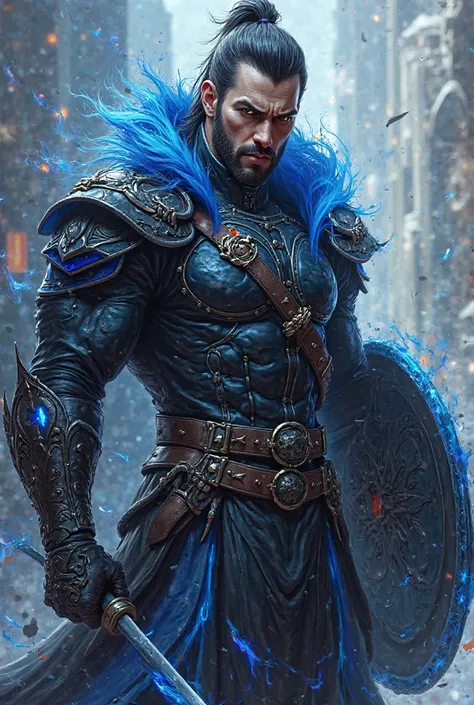 A figure of a warrior dressed in black leather and blue accessories in anime with a shield with the name GACBELT 