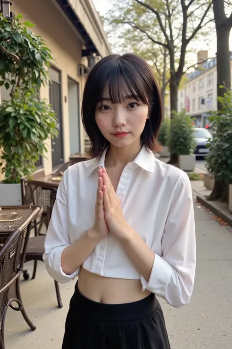A Japanese young woman is standing naked, upper body shot, hiding nipples, blushing chest, hands holding her small breasts. outdoors, cafe terrace, in Paris,