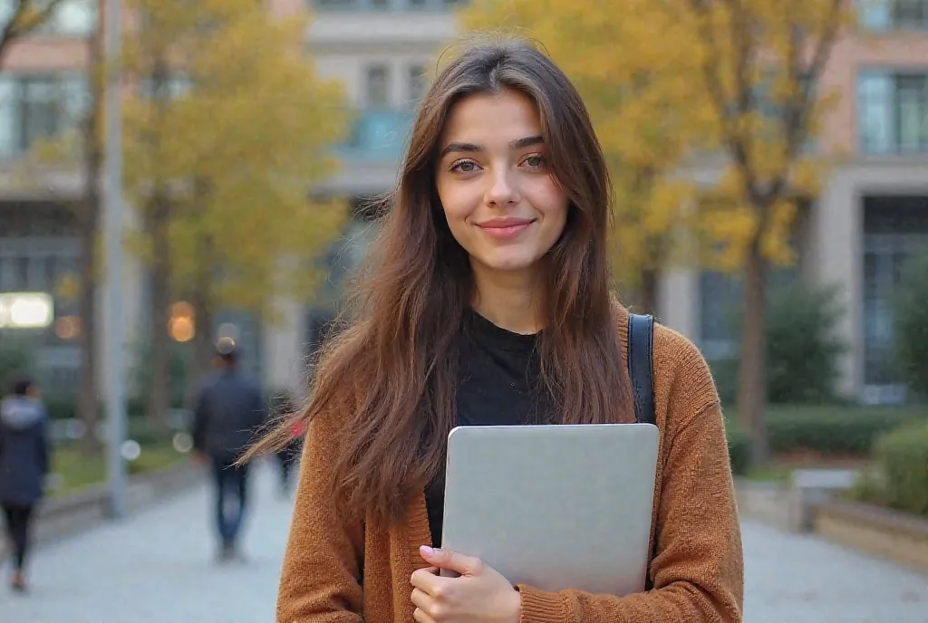 Beautiful Young Afghanistan Girl, Student University, Wearing Casual Outfits, Brown Cardigan, Campus Background, Holding an Macbook, Wearing a Bag, Ultra HD, Highly Detailed, Detailed Face, Detailed Hair, Brown Long Hair