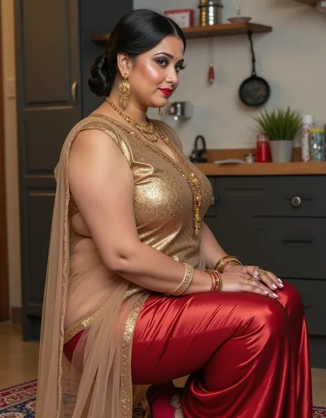 I am 40 year old plus size tall and big giant indian muslim women, looking like rusian actress nuri ihlasova, wearing a gold boarded sleeveless transparent tan kurti and shining reflective glossy red knee length leggings ,golden nose rings,nose stud, ankle...