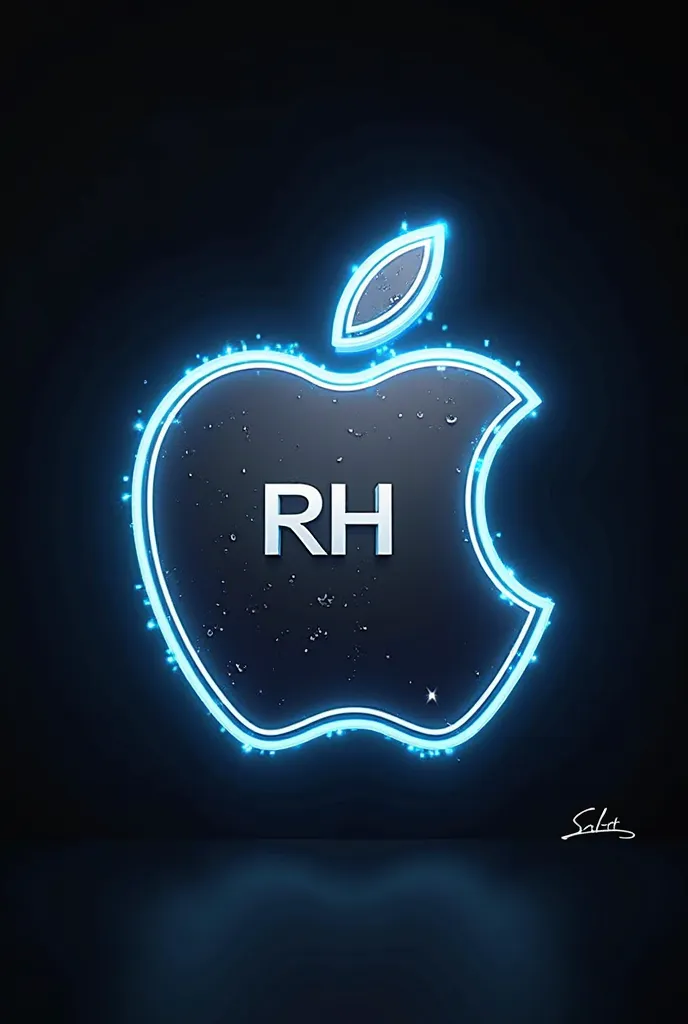 Create a typical logo for an Instagram store with the name Rhtech with an Apple symbol with colors half platinum metal style the name Rhtech has to be in the middle of the symbol With lights half blue on the border of the symbol Cyber punk style 