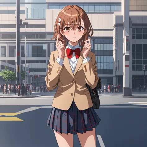 ((Highest quality)), ((masterpiece)), ( exhaustive), 1 girl, Alone, perfect face, beautiful faces,  exhaustive face, perfect eye, perfect hair,  exhaustive hair, Misaka_Mikoto, bowtie, brown jackets, red bow, red bowtie, blazer, bow, pleated skirt with ind...