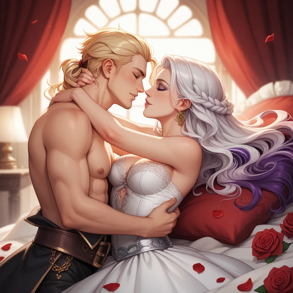 Couple sleeping together in bed. Girl with very long white hair with purple. Blond pirate boy with very long hair. Sensual anime.  elegant room . Roses and Skulls.