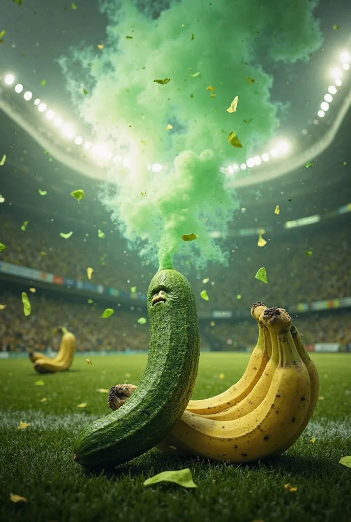 Make a stadium where cucumbers are playing against bananas that cucumbers are celebrating with a glass and that the bananas are crying also that the stadium is big full of cucumbers watching the game and celebrating that the stadium is full of green flares...