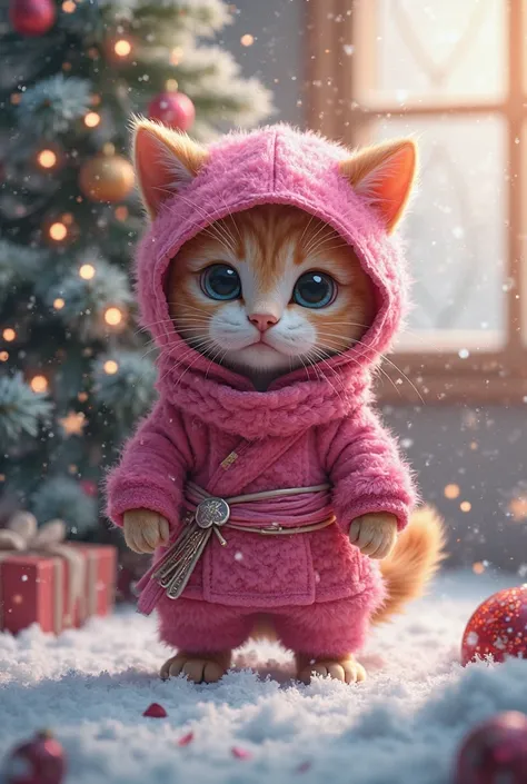 pink ninja costume、 christmas、 cute kitty、tree