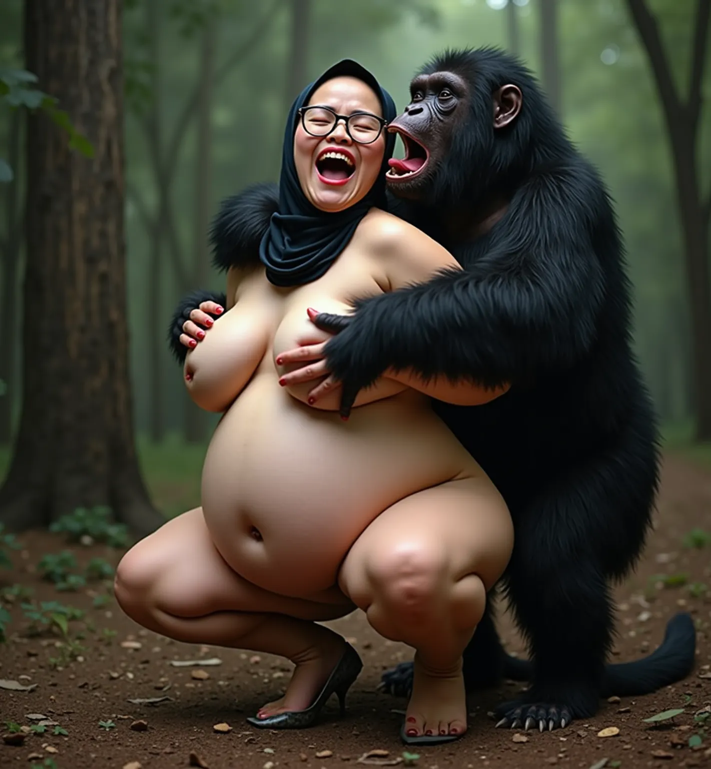 Asian beauty woman, voluptuous proportional body, full body image, age 30, white skin, wears black plaid hijab, wear big glasses, naked body , wears high heels shoes, she has very huge engorged breast ,naked pussy, naked breast, mouth open screaming loud, ...