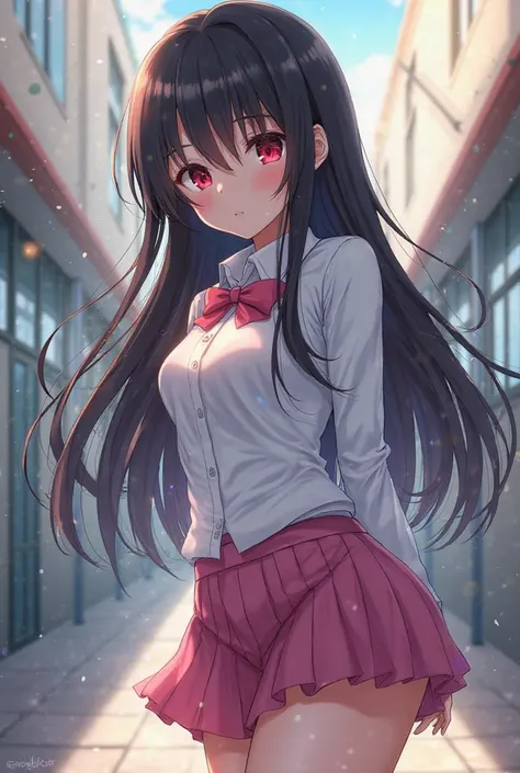 Generate anime girl, long black hair, red eyes, school uniform, showing her pink panties from behind