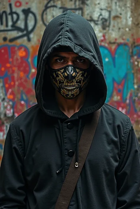 Young man in black clothes and covered his face with badana LUCHA,D writer on background wall