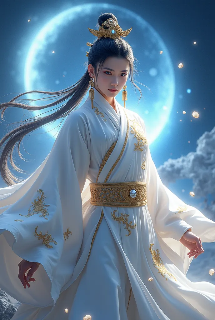 (pekerjaan terbaik, Kualitas Terbaik, resolusi 8K, ultra-detailed), Yang Jian with a bright 3rd eye in a heavenly battle stance, a pristine white hanfu with golden cloud embroidery, flowing silk sleeves, three-pointed double-edged glittering glitter, blue ...