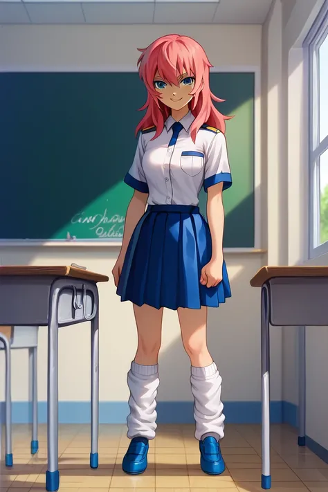 _Kirino Ranmaru AA  ,feminization,pink twin-haired ,skirt,uniform,loose socks, figure she's a woman with pink hair , top quality,  masterpiece,  Ultra High Definition, top quality,  high image quality,High resolution 8k,((( indoors, SCHOOL CLASSROOM))), de...