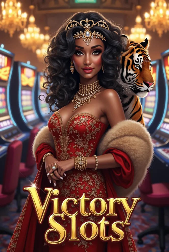 A glamorous digital illustration of a beautiful woman of the color Black in a casino environment next to luxurious tiger.  she has curly hair , voluminous black hair and wears a shiny crown adorned with intricate jewelry. Her attire is an elegant red gown ...