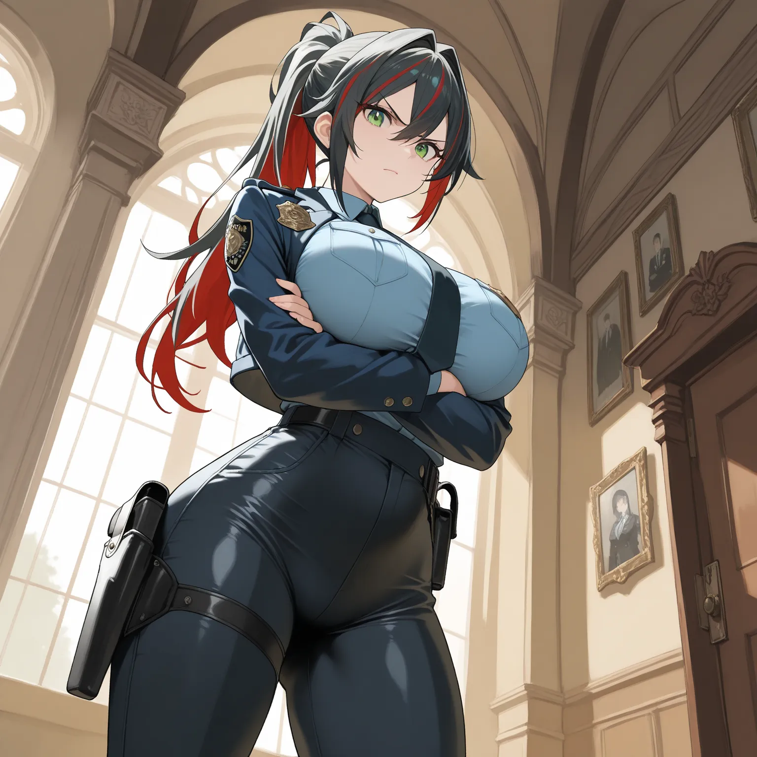 masterpiece,best quality,amazing quality,1girl, solo, large breasts, big boobs:1.4, long hair, hair intakes, hair between eyes, black hair, red highlights, green eyes, ponytail,, high-waist pants , cropped jacket, holster, shoulder holster, pants, closed m...