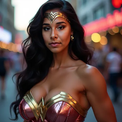  a close up . Beautiful female bodybuilder, (( big breast:4.0)), ((muscles:3.0)). make-up. (blue eyes). ((pink lips with shiny gloss )).  smile. (silver eye shadow). Long dark hair with volume . ((Wear the Wonder Woman strapless metallic rose gold costume ...