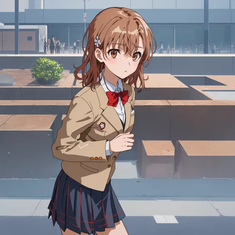 ((Highest quality)), ((masterpiece)), ( exhaustive), 1 girl, Alone, perfect face,  expressionless,  exhaustive face, hollow eyes, perfect hair,  exhaustive hair, Misaka Sister, bowtie, brown jackets, red bow, red bowtie, blazer, bow, pleated skirt with ind...