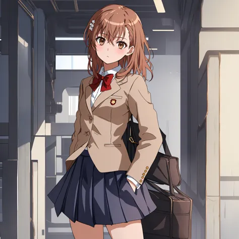 ((Highest quality)), ((masterpiece)), ( exhaustive), 1 girl, Alone, perfect face,  expressionless,  exhaustive face, hollow eyes, perfect hair,  exhaustive hair, Misaka Sister, bowtie, brown jackets, red bow, red bowtie, blazer, bow, pleated skirt with ind...