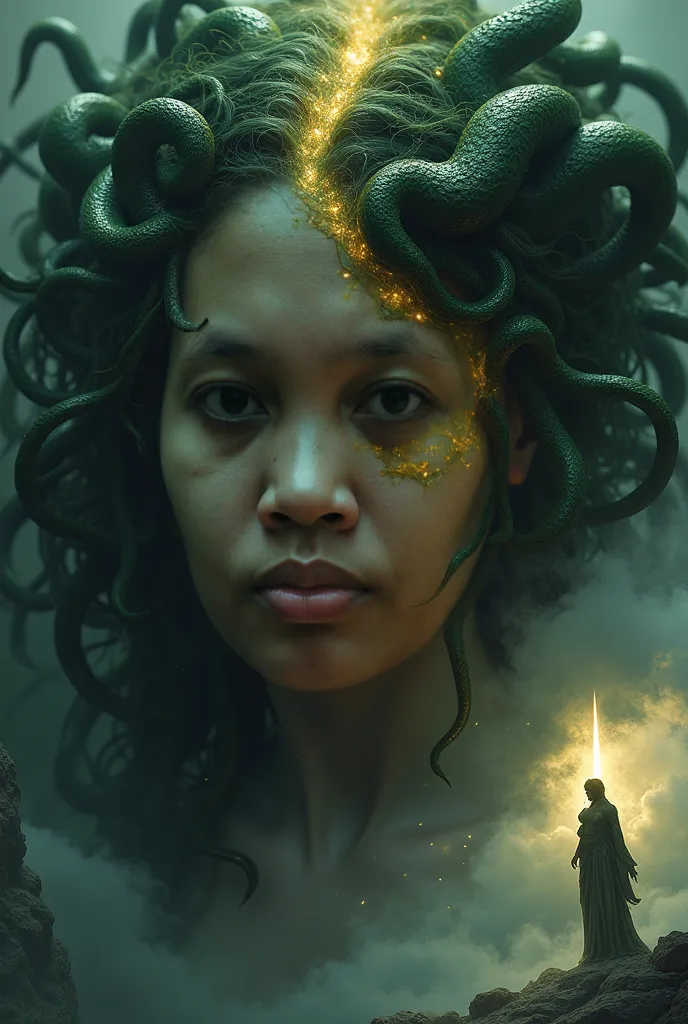 A dramatic hyper realistic close-up portrait of Medusa in transformation, half of her face still human while the other half is turning into a Gorgon. Her expression is a mix of surprise and terror, with glowing, supernatural eyes filled with sorrow and pow...