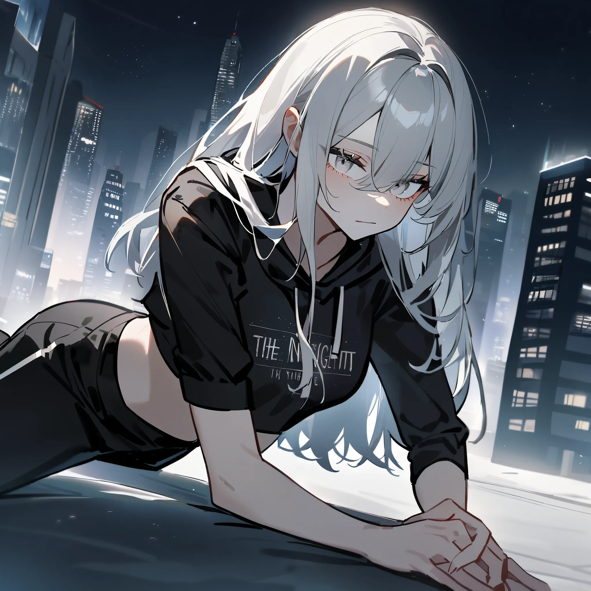  1 girl, The sniper gun is in the back, white eyes, white hair, black pants,  black shirt,  black hoodie, long hair, The night city is in the background, Crop Tee,  prone position, Support your chin with your hands, The moonlight shines