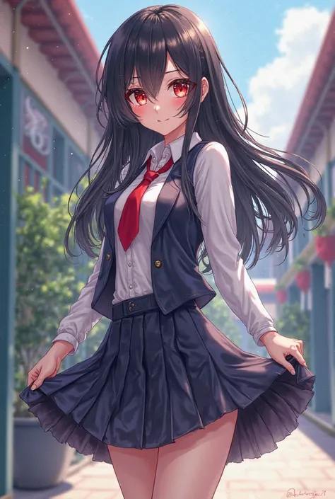 Generate anime girl, long black hair, red eyes, school uniform, lifting up her skirt showing her panties