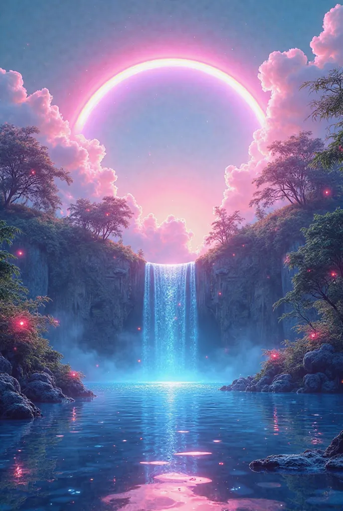 
“A surreal landscape with a vibrant sky, where a radiant rainbow gracefully arcs through soft, cotton-like clouds. Light sparkles on dewdrops resting on glowing leaves, creating a magical effect. Beneath the rainbow, a crystal-clear waterfall cascades int...