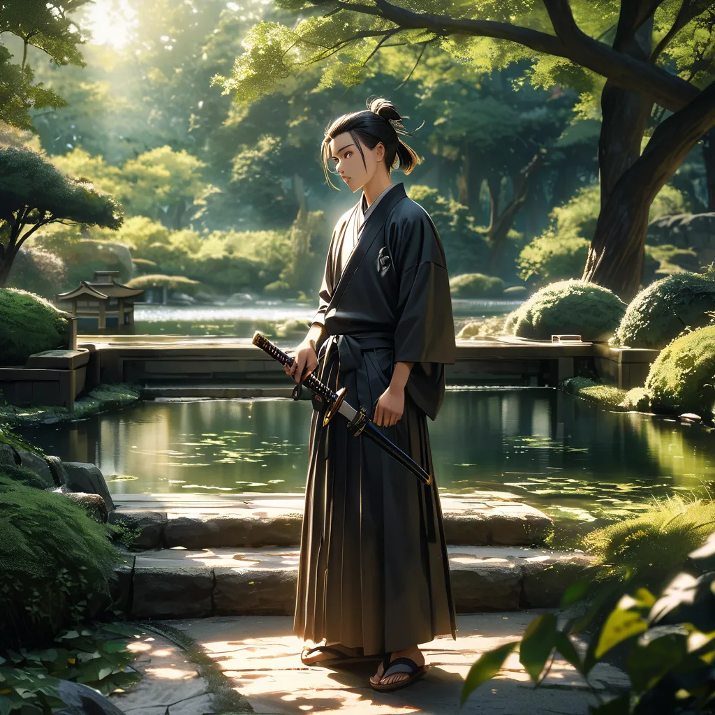 male、Hakama、 Japanese sword、 black hair、Tying up hair、 