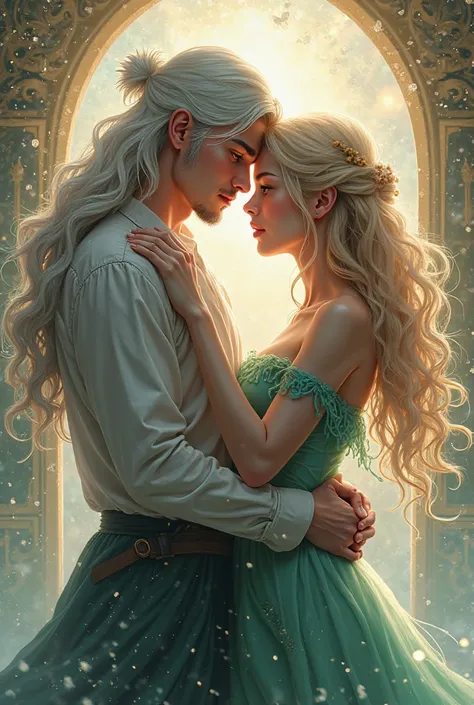 A handsome young man with long white hair hugs a woman, clear facial features,  fine-grained movie ,  careful shading , depth and texture highlight the emotional intensity of the scene.  The lighting creates a chiaroscuro effect  , , emphasizing the power ...