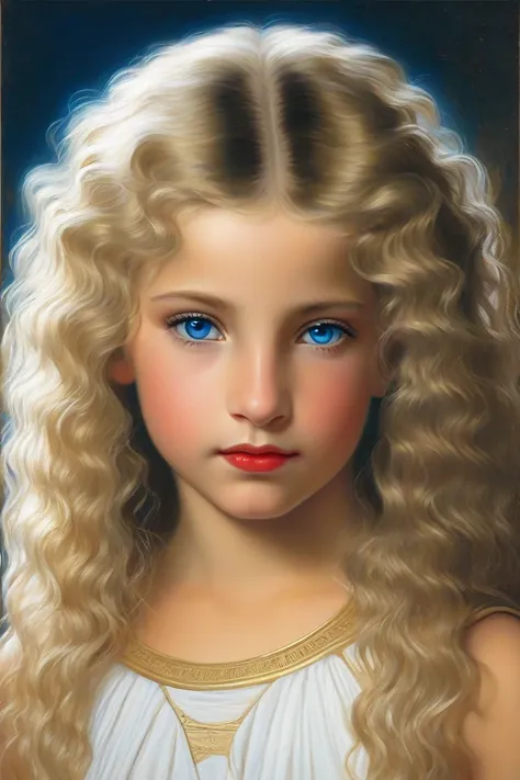  soft renaissance painting of a very young age light blond egyptian girl in egypt, with egyptian shoulder tube top white dress, blue eyes, long very wavy hair, white pale skin, red lips, blonde lashes, high nose bridge, wearing thick egyptian eye makeup bl...