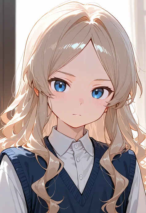 1boy, shota, long hair, wavy hair, blonde hair, ni no bangs, blue eyes