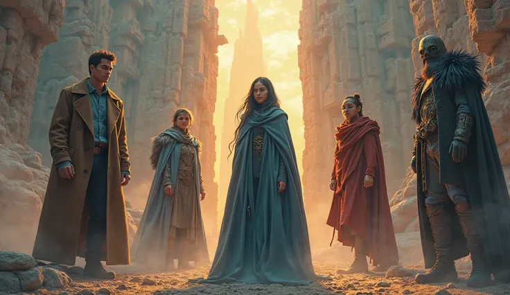 Young man in long brown coat, young woman in blue long coat, spiral masked man in brown long coat, young rogue woman in black coat, guerrilla with red cloak, mysterious old man in golden coat, 
Split multiple screens with multiple characters strange scient...