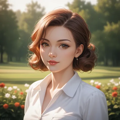 Create for me a woman with Asian features with slightly red brown hair 