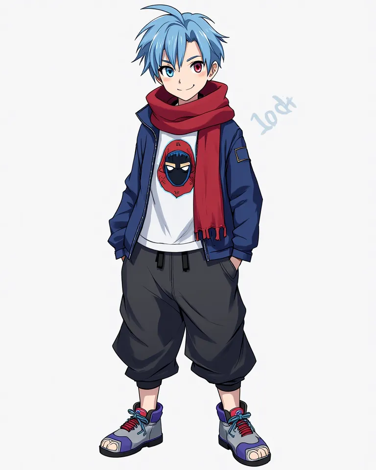  Adult man, Rey blue hair up, Sky blue hair down, Hair in front of the ears,  smile,  animated,  ANIMATED STYLE , right eye light blue,  left eye red , crimson red ninja scarf,  blue jacket, white t-shirt with a logo of a black face with a blue hood surrou...