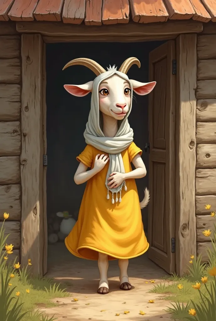 Mother goat wears a yellow dress and a white scarf on her head, leaves the wooden house and closes the door 