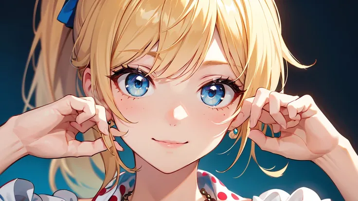 blonde perm ponytail、 blue eyes、smile、 shake head。cute pose。cute red and white polka dot dress、necklaces、、 I'm putting my hands on my face。blue background、Face UP

anatomically correct, high detail, HD model, very detailed, ultra high definition, HD model,...