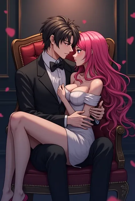 create a guy anime sitting in a chair with a woman sitting in his lap, wearing a formal attire, dark background, fuchsia pink ombre hair.