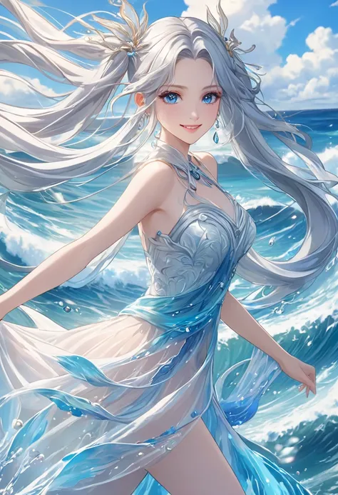 Silver long hair、 Beautiful woman with twin tails、smile、 Wearing a see-through dress 、 face close-up、The ocean flies around a beautiful girl、 Inspired by a beautiful painting,  Blue Water Anime Wallpaper  , Goddess of the Sea,  Water Spirit,  An animated g...