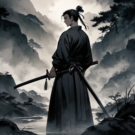 male、Hakama、 Japanese sword、 black hair、Tying up hair、 、black aura